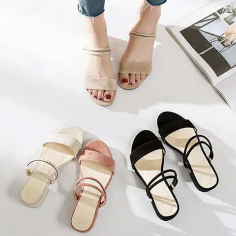 여자 여름 세무 스트랩 슈즈 두줄 스웨이드 낮은 통굽