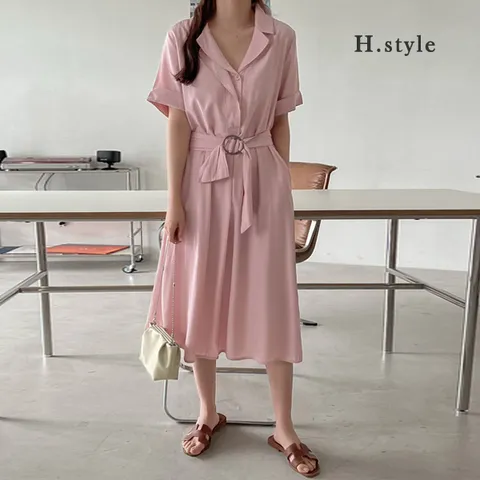 H스타일OP20-161벨트카라원피스/봄/여름/OPS/원피스/홈웨어/하객룩/쉬폰/라운지/파자마