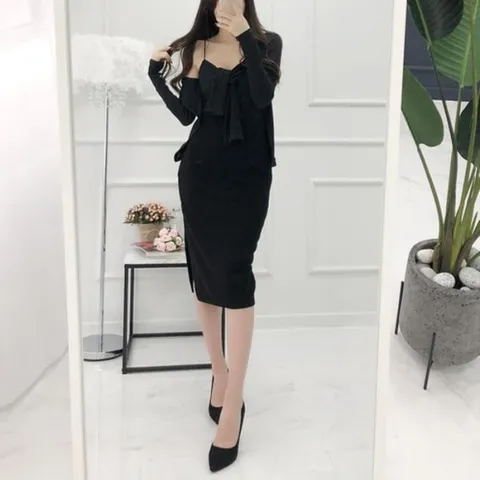 여자 캐미 가슴꼬임 골지 빨간 골지가디건 세트 (12156861)