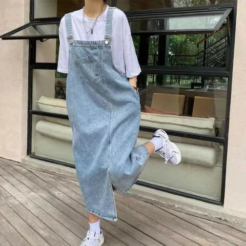 [하프클럽/여자 캐주얼 면혼방 사선포켓 멜빵 데님 롱 원피스