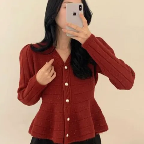 [브리치]  / 프릴 라인 울 니트 퍼프 브이넥 가디건 러블리 페미닌 룩 4컬러