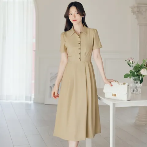 (~XXL까지) 아르벨로 카라 단추 핀턱 플레어 원피스 여름 기본템 하객룩 오피스룩 모임룩 격식룩 빅사이즈