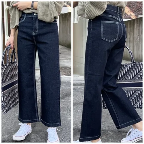 여자 봄 여름 가을 겨울 스판 히든밴딩 스티치 논페이드 생지 와이드 데님팬츠 간절기 핏이 예쁜 통청바지