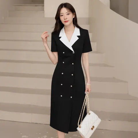 (~XXL까지) 모칼리 배색 카라 더블 버튼 원피스 여름 하객룩 오피스룩 데이트 모임 미시 빅사이즈