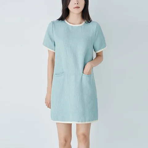 [하프클럽/리틀마켓]H라인 베이직 여름 배색 트위드 반팔 미니 원피스 OF99B3