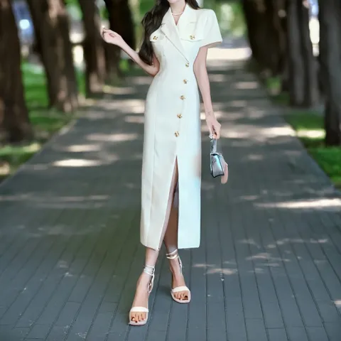 여성 여름 골드 버튼 반팔 정장 트임 원피스