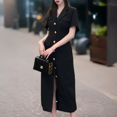 여성 봄 여름 포켓 허리 슬림 반팔 정장 드레스