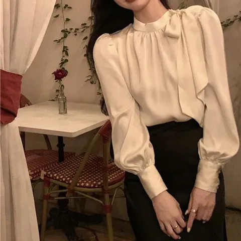 [하프클럽/르뚜앙]누리꼬 하객룩 리본 타이블라우스 봄 가을 링클프리 새틴 하이넥 빅사이즈 블라우스