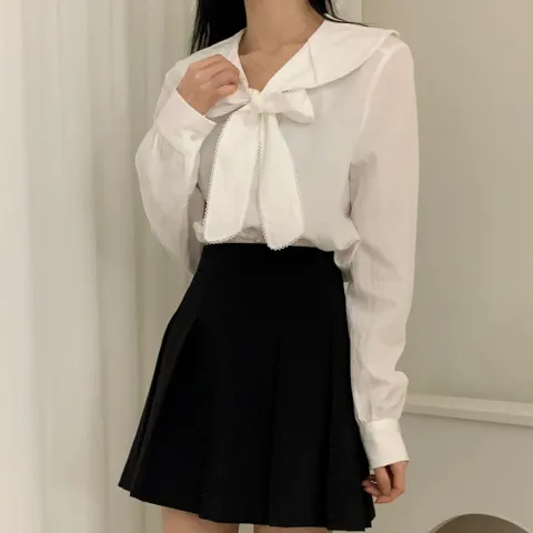 여자 세라넥 레이스 빅리본 화이트 러블리 블라우스