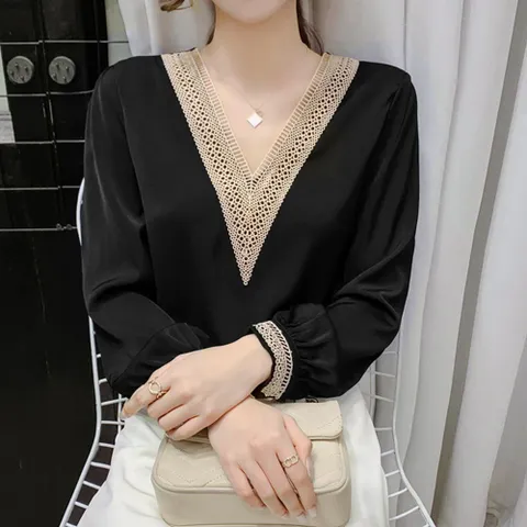 브이넥 블랙 캐주얼 가을 예쁜 긴팔 여성블라우스 레이스블라우스 여성여름블라우스