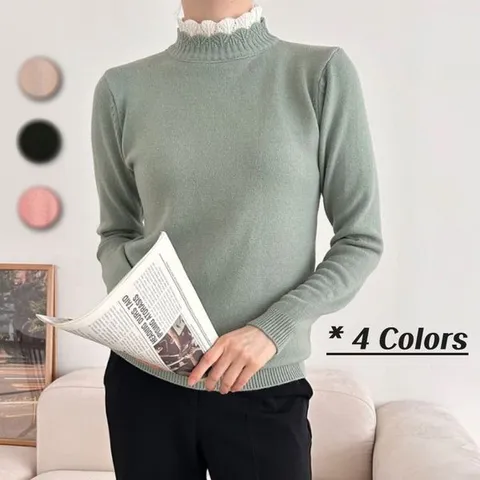 [하프클럽] 모크넥 무지니트 긴팔 레이스 반목티셔츠