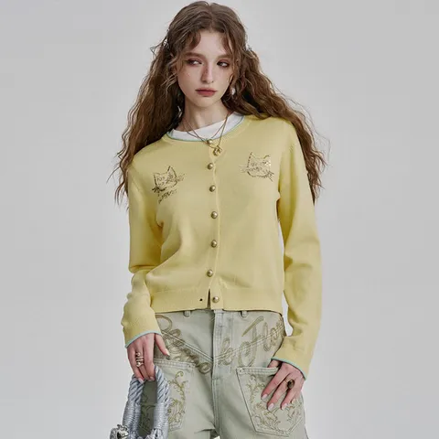 고양이 스팽글 자수 니트 가디건 6006