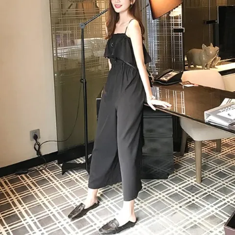 에퀴르 여성 여름 프릴 밴딩 민소매 와이드 점프수트
