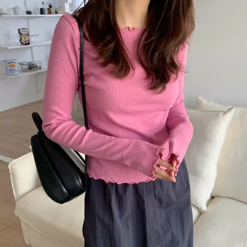 여자 슬림 날라리 펀칭 롱슬리브 라운드 셔링 티셔츠