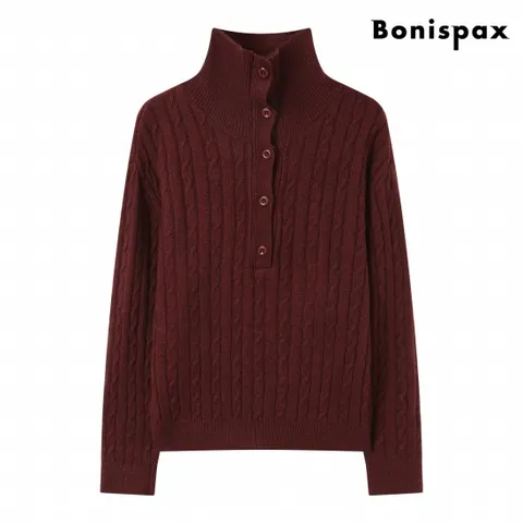 정상가:69,000원 ㅣ 하이넥 반버튼 꽈배기 긴팔 니트 (XP4KT024L0)