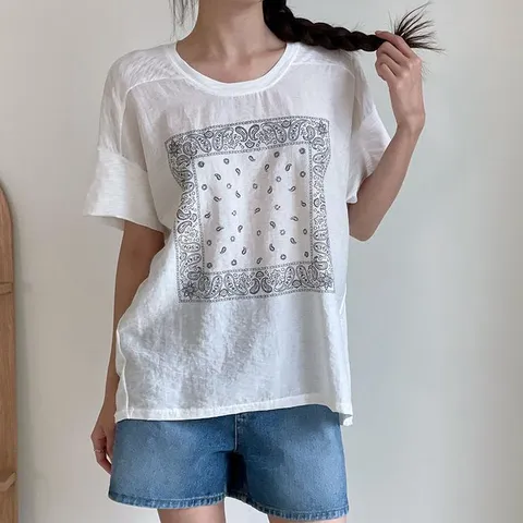 여자 반다나 마원단 비침 힙커버 반소매 티셔츠 (39084260)