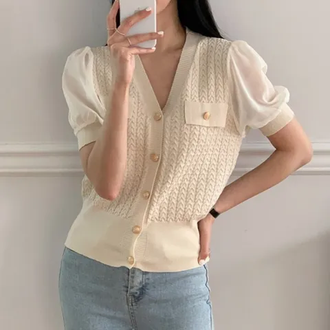 더이스 니트 쉬폰 버튼가디건_M2176