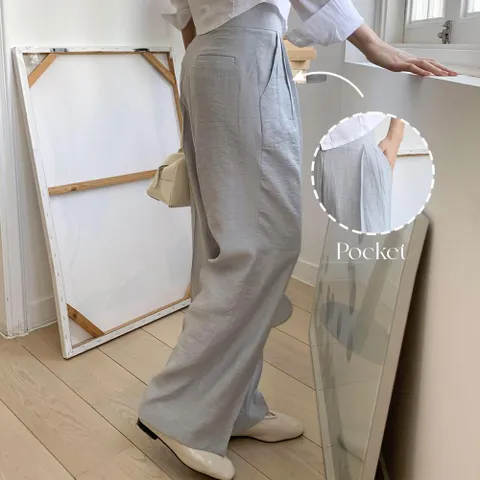 여성 무지 린넨 세미와이드 핀턱 슬랙스