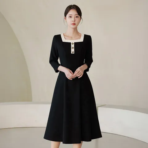 (~XXL까지) 엘라즈 스퀘어 배색 플레어 원피스 봄 가을 오피스룩 하객룩 데이트룩 모임룩 미시룩 빅사이즈