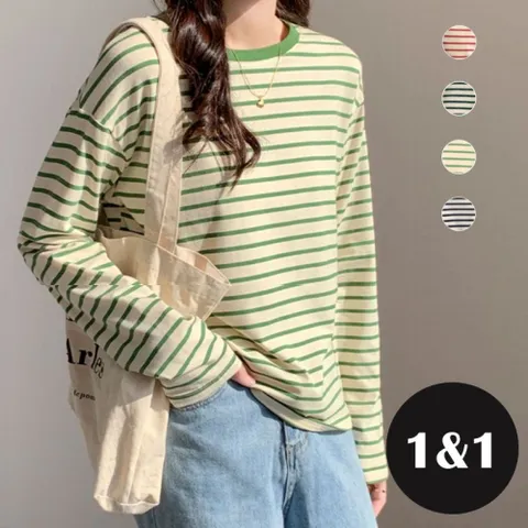 [브리치] 나바바 /  1 + 1 기획  NT374 산뜻 데일리 스트라이프 긴팔 티셔츠/ 4컬러/ 3사이즈