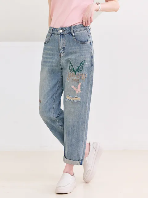 나비 자수 큐빅 포인트 빈티지 워싱 배기 청바지