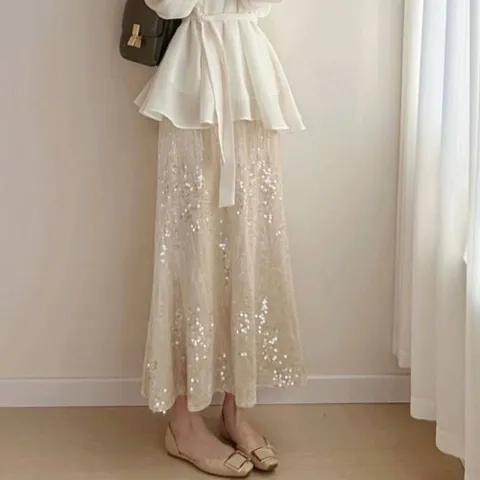 F007215_레이스시스루 스팽글 밴딩스커트 롱스커트 스팽글 반짝이 시스루 글리터 H라인