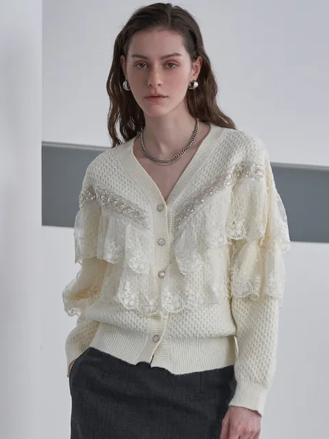 레이스 프릴 스팽글 브이넥 가디건 LM11CD104L