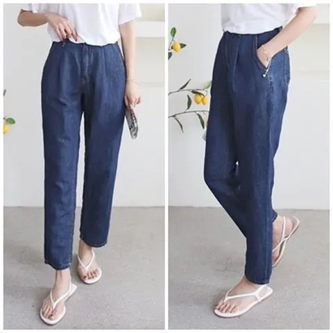 여성 쿨 난스판 밴딩 배기 청바지 보이핏 데님팬츠