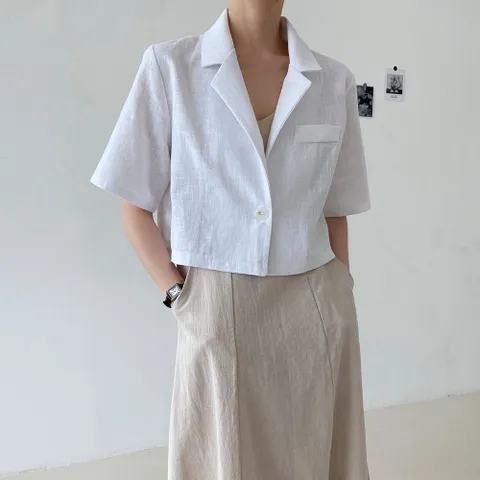 여자 여름 시원한 린넨 무지 카라 숏 자켓 썸머 쿨 마 크롭 재킷 짧은 아우터