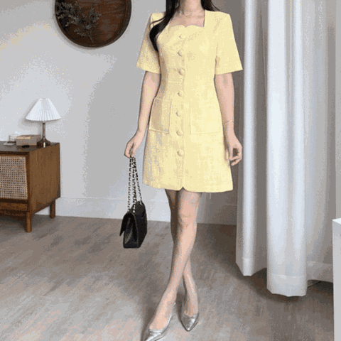 [하프클럽/엘린무드]뮤즐리 썸머 트위드 물결 웨이브 스퀘어넥 버튼 자켓 미니 원피스3COLOR