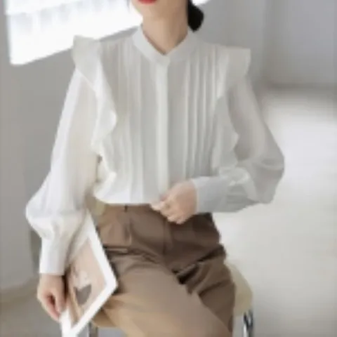 [하프클럽/여성 프릴핀턱 차이나넥 벌룬소매 흰색 긴팔 블라우스