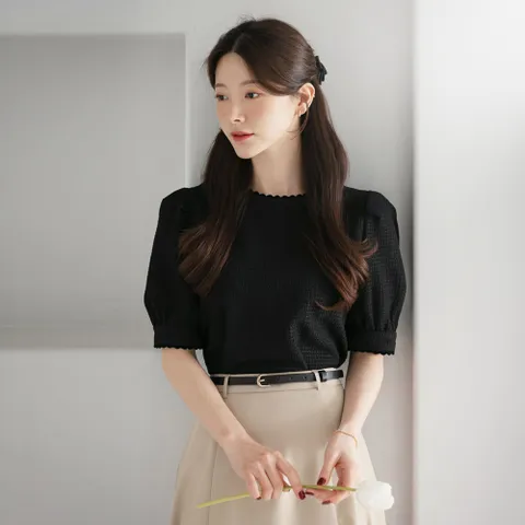 (~XL까지) 모딘 레이스 테이프넥 퍼프소매 시어서커 블라우스 여름 데일리 일상 출근룩 베이직 빅사이즈