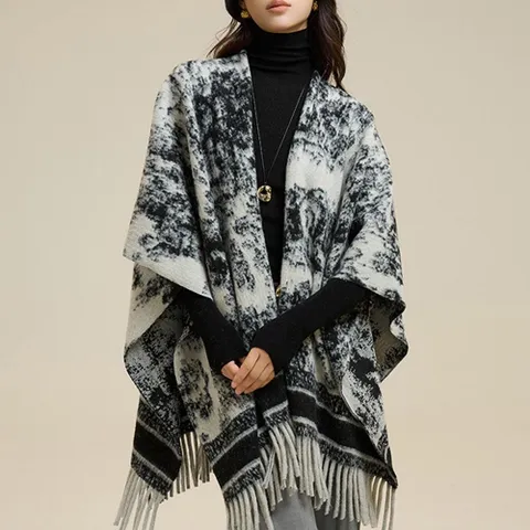G126799_고급스런 물나염패턴의 망토 숄머플러 가디건 숄가디건 여성망토가디건 판초 숄망토
