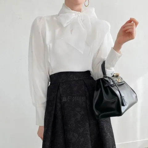 여자 리본 타이 벌룬 긴팔 스터드 무지 정장 블라우스