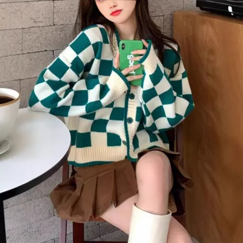 [브리치] 제로투올샵 / 체크무늬 V넥 니트 카디건 니트가디건 초록 흰색 체크
