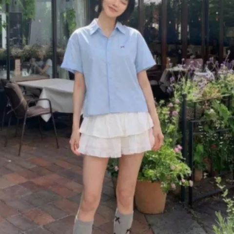 블라우스 오픈카라 반팔 셔츠 리본자수 캐주얼 오픈카라셔츠 반팔셔츠 캐주얼의류