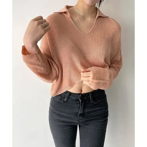 [하프클럽/리피아]카라 브이넥 V넥 여리여리 오버핏 루즈핏 크롭 긴팔 니트 탑 티셔츠 여자 핑크 블루