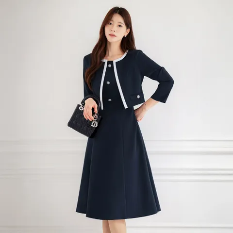 (~XXL까지) 모니 레이어드 배색 자켓 플레어 원피스 봄 가을 하객룩 오피스룩 모임룩 격식룩 빅사이즈