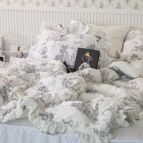 뜨왈 패턴 광목 겹프릴 차렵이불 SS 그레이 단품 이불 광목이불 슈퍼싱글이불 30수차렵이불