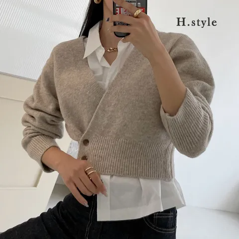 H스타일KN샤프란랩Y가디건/가을/긴팔/니트티셔츠/가디건/베스트/조끼