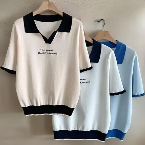 [하프클럽] 여성 오픈 반소매 카라넥 크로쉐 필기체 니트