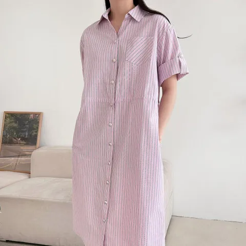여자 스트라이프 진주단추 스트링 투웨이 셔츠 롱원피스