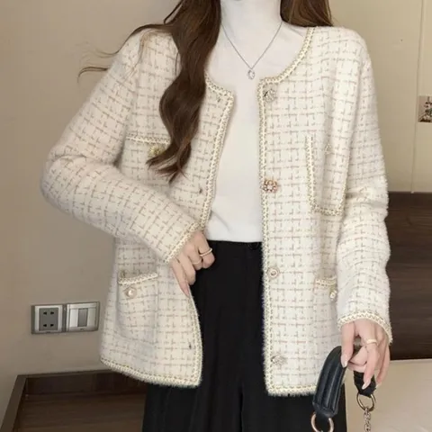 [오노마] ONM 트위드 st 니트 가디건 노카라 배색 패턴 깔끔한 핏 (15190746)