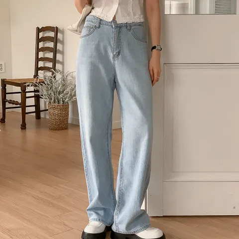 여자 캠퍼스룩 5컬러 세미와이드 백밴딩 흰색 청바지