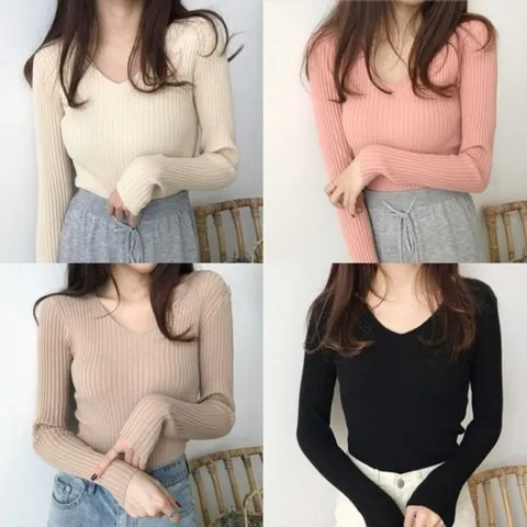 데일리룩 브이 니트 티 골지 긴팔