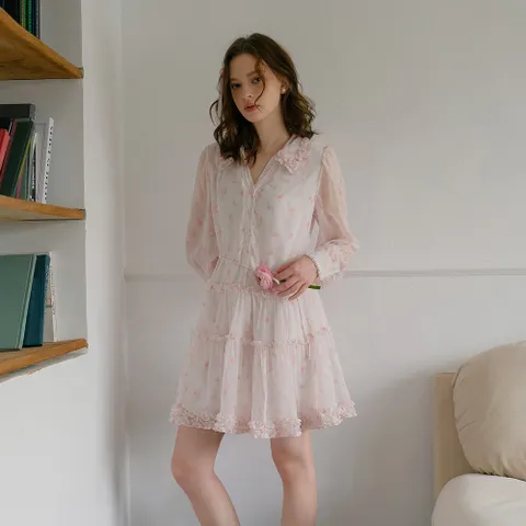 Cest_Floral chiffon shirt dress