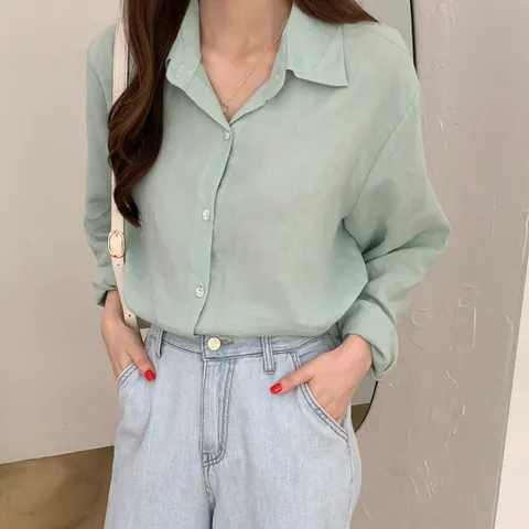 네쥬 여성 여름 카라 루즈핏 린넨 무지 긴팔 셔츠