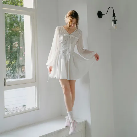 Cest_White floral chiffon dress