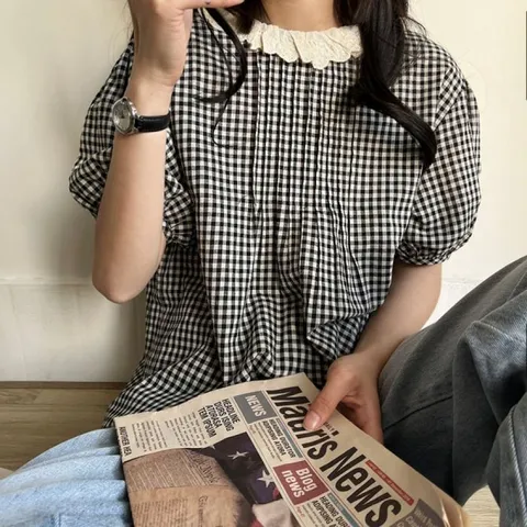 [브리치] 허그허그 / 체크 패턴 러플 백퍼튼 블라우스