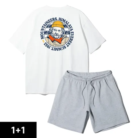 [2PACK]앨빈클로 마운티널스 서클 오버핏 반팔티 밴딩 스웨트 반바지 2종 패키지